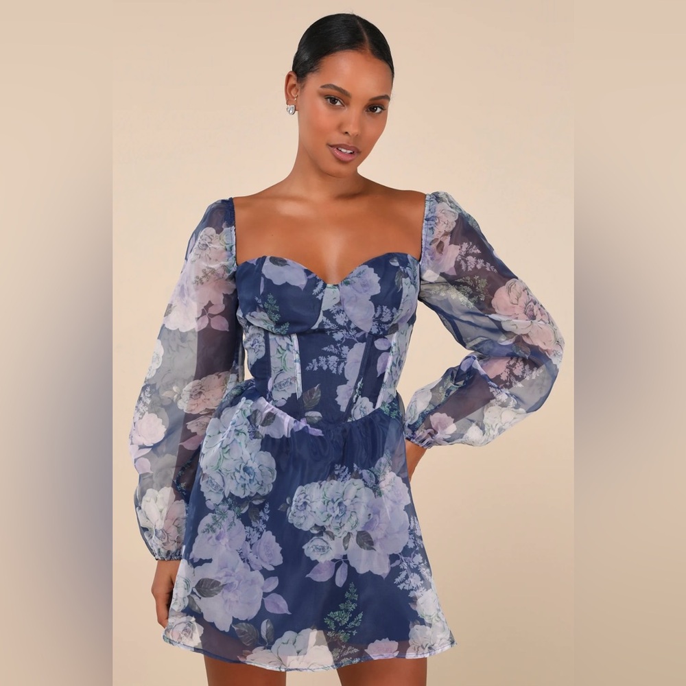 Lulus Positively Enchanting Blue Floral Organza Bustier Mini Dress - Size L - Picture 2 of 2